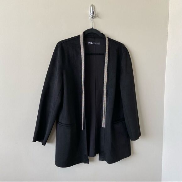 Zara-faux suede Tassel Bead Collar Detail Double Pocket Jacket (Size:Large) - Picture 3 of 8